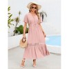 Women's Casual Flowy Lace Short Sleeve Maxi Dress V Neck High Elastic Waist Dress - 2 of 4