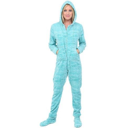 ADR Women's Hooded Footed Pajamas, Plush Adult Onesie, Winter PJs with Hood  Textured Aqua 2X Large