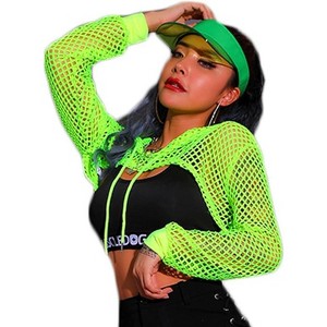 Avidlove Black Fishnet Top Long Sleeve Crop Top Hoodie Mesh T Shirts for Women-Green-XL - 1 of 1