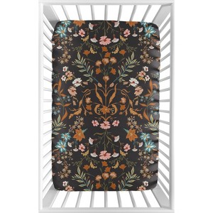 Sweet Jojo Designs Girl Baby Fitted Mini Crib Sheet Boho Floral Wildflower Black Orange and Blue - 1 of 4