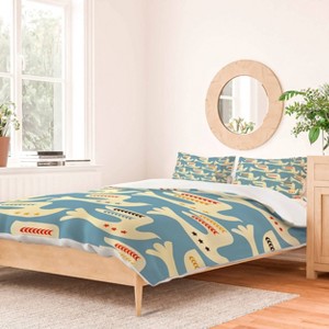 Deny Designs King Showmemars Festive Birds Blue Duvet Cover and Pillow Sham Cream - 1 of 4