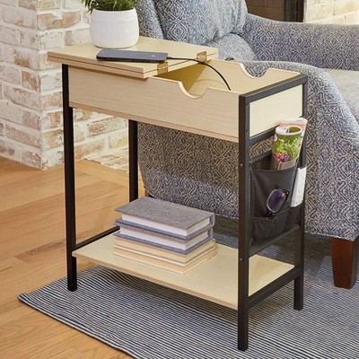Natural Wood and Black Metal Side Table with Outlet