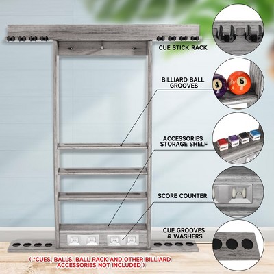Brushed Gray Solid Wood Wall Mounted Pool Cue Rack with Score Counter