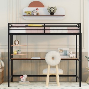 Okak Full/Twin Size Metal Loft Bed with Safety Guardrails, Loft Bed With Desk and 2 Shelves, Bed Frames for Living Room, Bedroom - 1 of 4