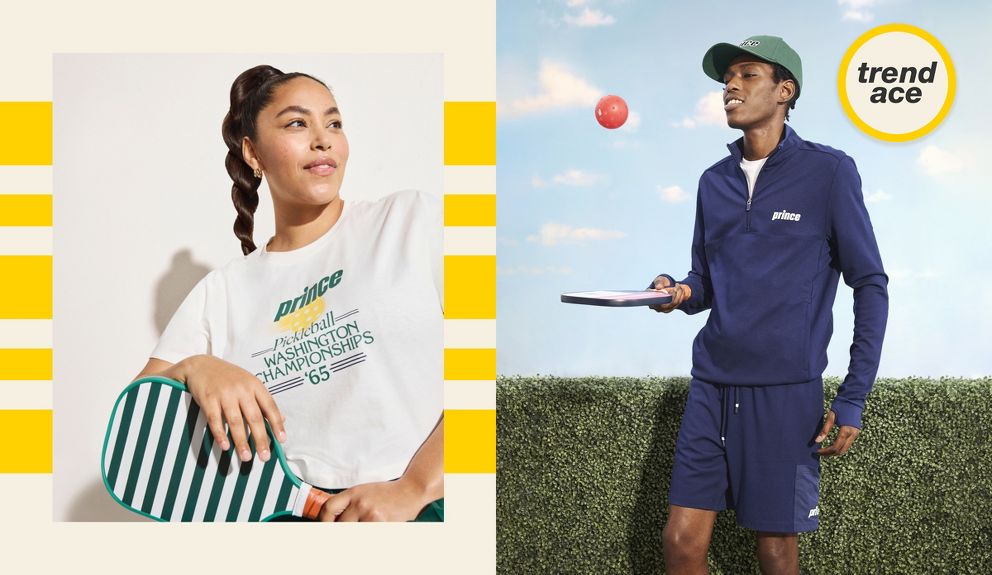 Trend Ace: woman in Prince pickleball tee and holding a striped paddle from the collection and man wearing clothing from the collection and bouncing a pickleball with a paddle.