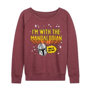 Women's - Star Wars - The Mandalorian Im With Mando Lightweight French Terry Wide Neck Long Sleeve Graphic Shirt - 1 of 4