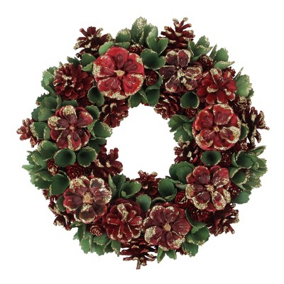 Northlight Red and Green Floral and Pine Cone Wooden Christmas Wreath - 13.5-Inch, Unlit