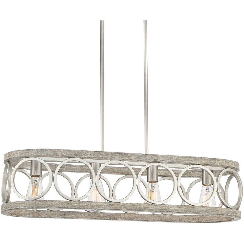 Franklin Iron Works Salima Brushed Nickel Gray Wood Linear Pendant Chandelier 32 1/2" Wide Farmhouse Rustic 4-Light LED for Dining Room Kitchen Island, 1 of 10