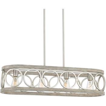 Franklin Iron Works Salima Brushed Nickel Gray Wood Linear Pendant Chandelier 32 1/2" Wide Farmhouse Rustic 4-Light LED for Dining Room Kitchen Island