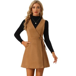 Allegra K Women's Vintage Faux Suede V Neck Sleeveless A-Line Wrap Overall Dress - 1 of 4