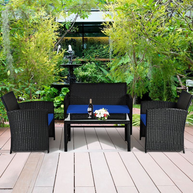 Tangkula 4 Piece Outdoor Patio Rattan Furniture Set Navy Cushioned Seat For Garden, porch, Lawn, 3 of 9