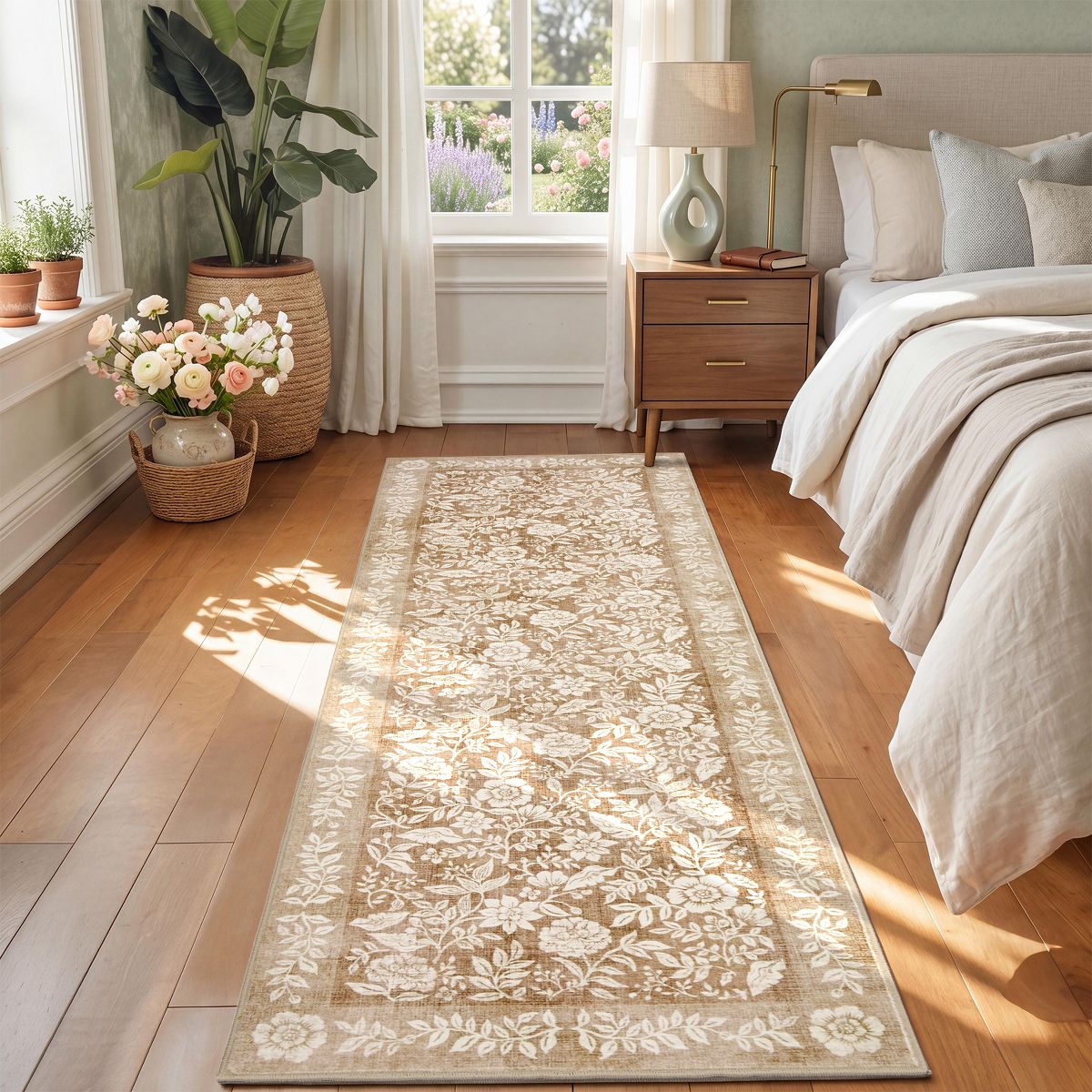 Retro Floral Washable Area Rug with TPR Rubber Backing, Soft Non-Slip Botanical Rug for Bedroom Living Room Nursery - thumbnail 2