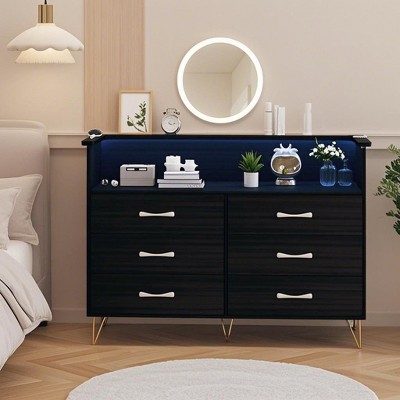 Jojoka Dresser for Bedroom with Charging Station and LED Lights, Storage Organizer with 6 Drawers Wooden