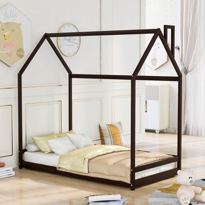 Twin Size House Bed Frame with Roof, Semi-Enclosed Playhouse Design, Wood Platform Bed for Kids, No Slats