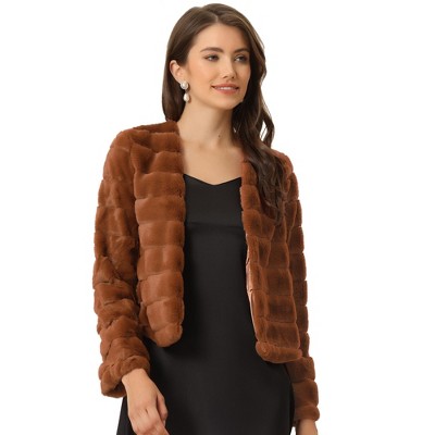 Allegra K Women's Winter Warm Cropped Collarless Faux Fur Fluffy Jacket