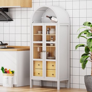 ORRD 72" Arched Display Cabinet with Auto Sensor Light, Farmhouse Storage Bookshelf with 2 Drawers,White Oak - 1 of 4