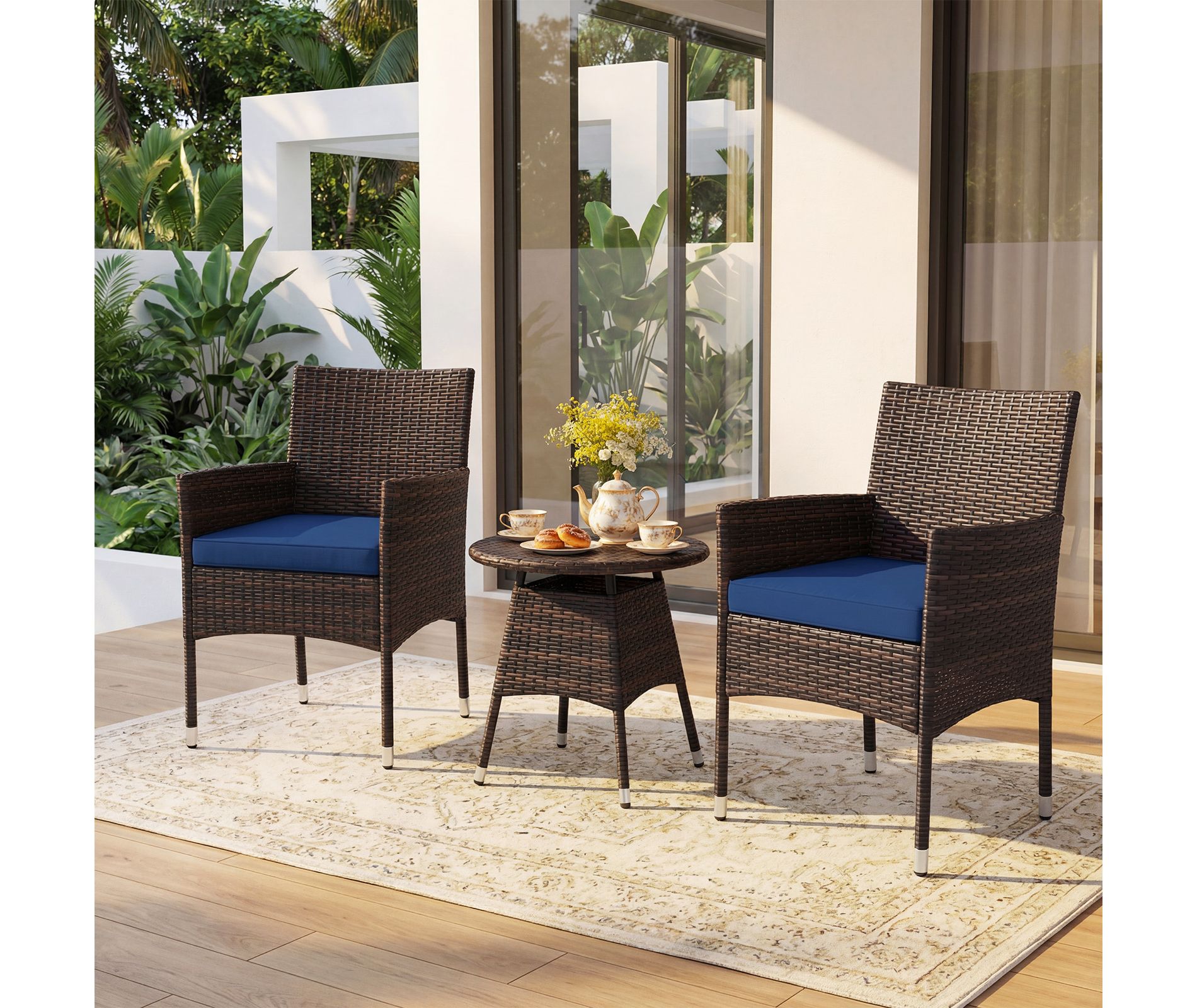 Costway 3 Piece Patio Furniture Set, Hand-Woven PE Wicker Conversation Set with Armchairs Mix Brown&Blue