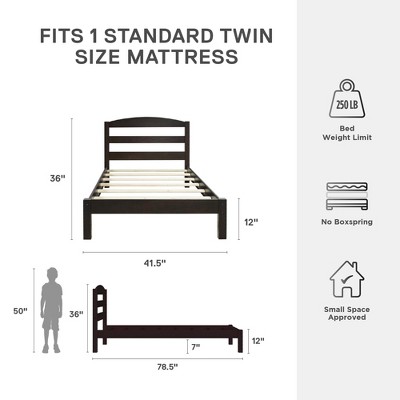 Espresso Pine Twin Platform Bed with Upholstered Headboard