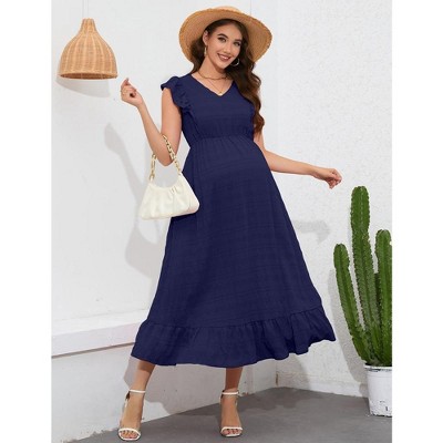 Maternity Dress Summer Ruffle Cap Sleeveless V Neck Maxi Dress Baby Shower Photoshoot