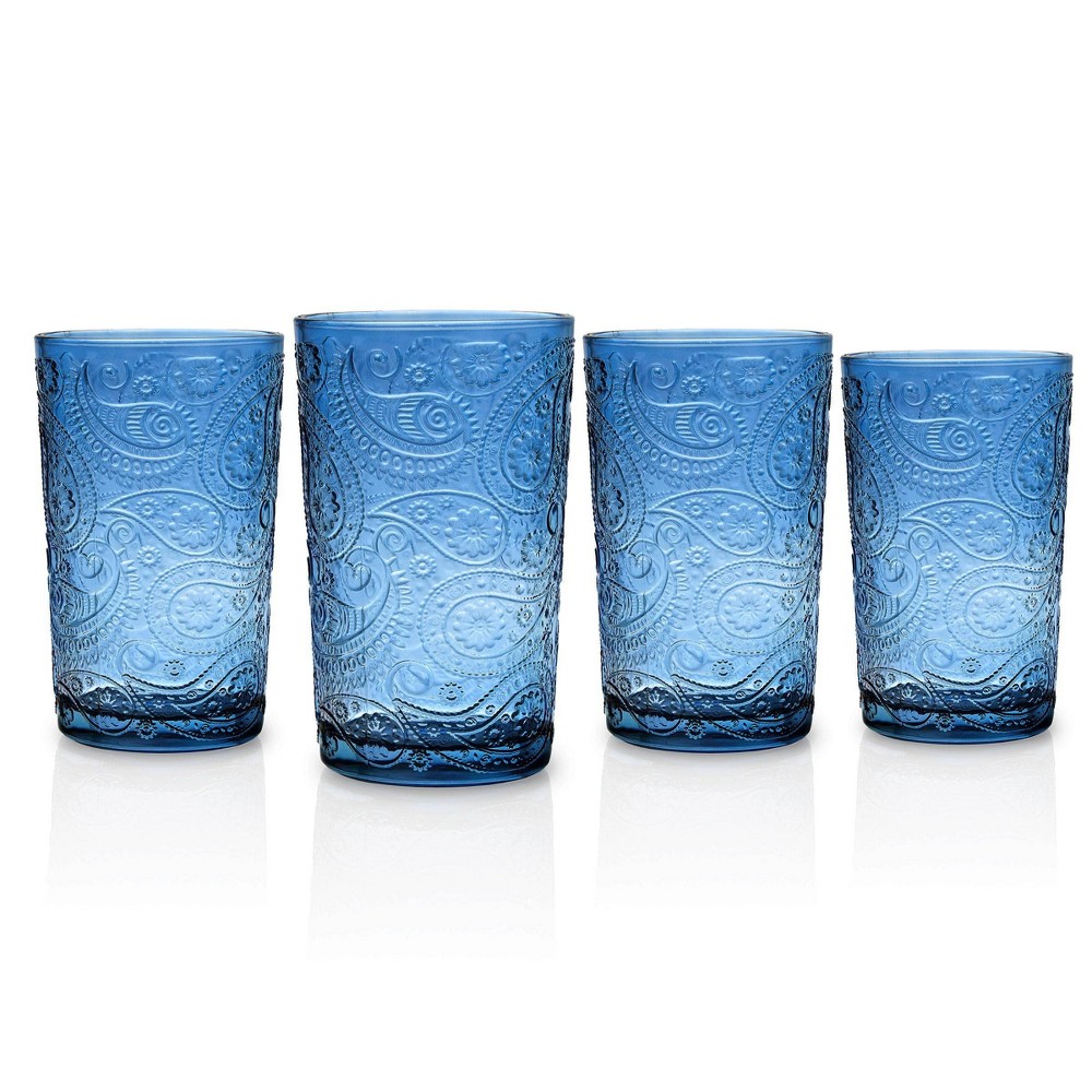 Godinger Silver Set of 4 Paisley High Ball Glasses Blue: Crystal Drinkware, 13 oz Capacity, Dishwasher-Safe, 5.12" Height