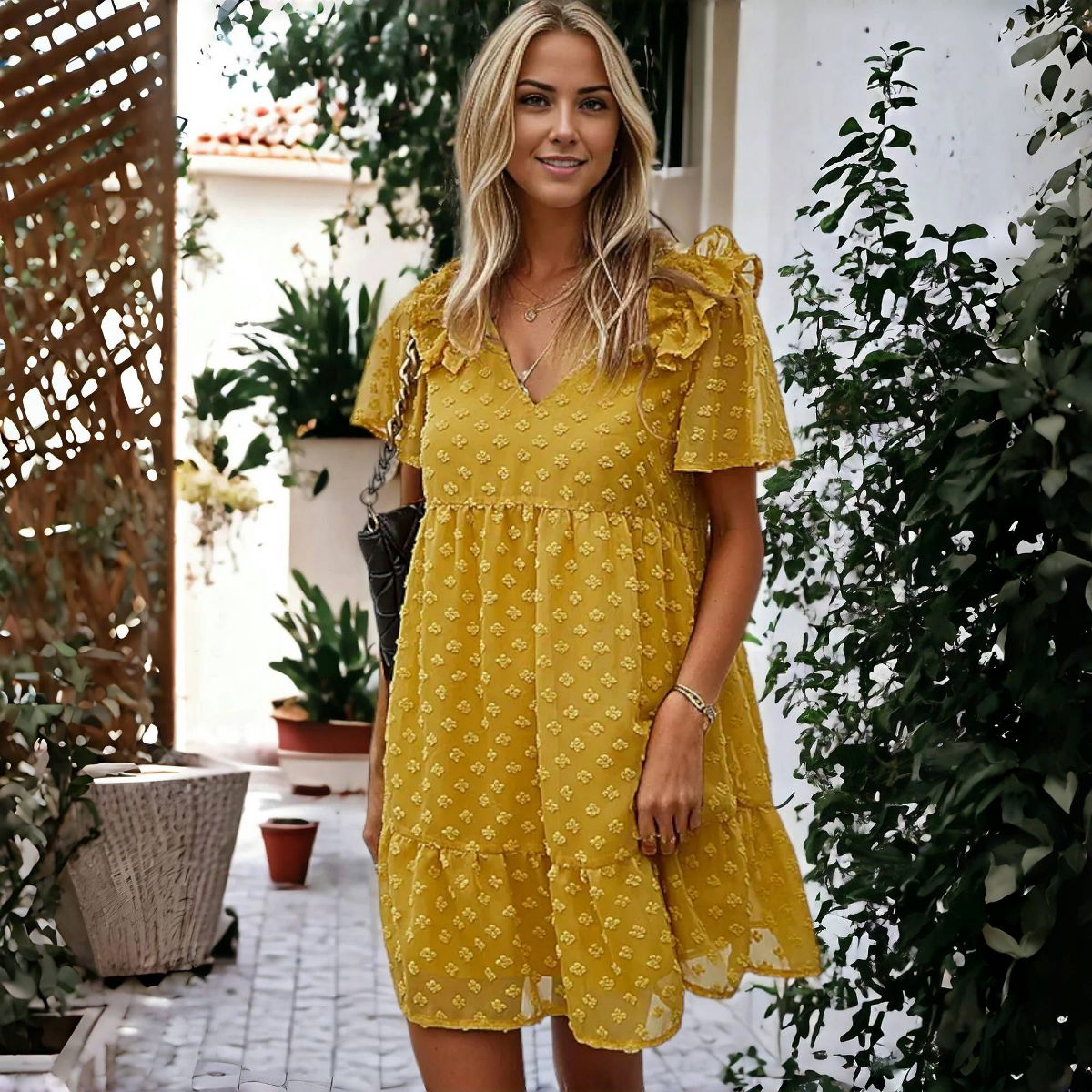 Anna-Kaci Women's Ruffle Sleeve Tiered Mini Dress with Textured Floral Pattern and V-Neckline - thumbnail 7