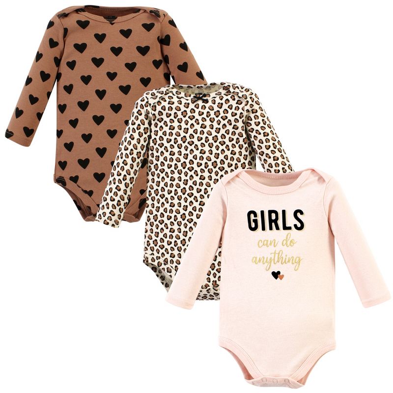 Hudson Baby Infant Girl Cotton Long-Sleeve Bodysuits, Cinnamon Hearts 3 Pack, 1 of 6