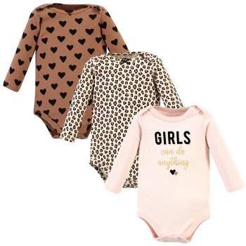 Hudson Baby Infant Girl Cotton Long-Sleeve Bodysuits, Cinnamon Hearts 3 Pack