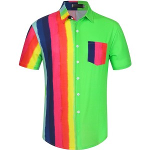 Lars Amadeus Men's Summer Striped Patchwork Short Sleeves Button Down Hawaiian Shirt - 1 of 4