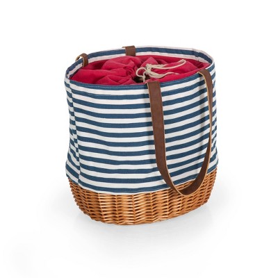 Picnic Time Coronado Canvas and Willow Basket Stripe Tote - Navy Blue/White