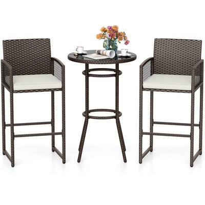 Costway 3 Piece Wicker Patio Bar Set with 2 Seat Cushions Glass Tabletop for Backyard