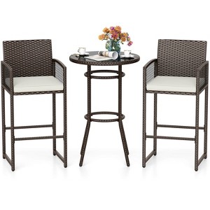 Costway 3 Piece Wicker Patio Bar Set with 2 Seat Cushions Glass Tabletop for Backyard - 1 of 2