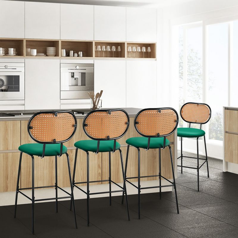 Costway Set of 2 Bar Stools Faux Leather Bar Height Kitchen Chairs with Rattan Back Brown/Green, 5 of 11