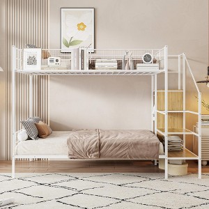 Twin Over Full Metal Bunk Bed with Wire Shelving,  Lateral Storage Ladder and Wardrobe - ModernLuxe - 1 of 4