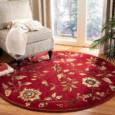 Elegant Red and Multi Floral Round Synthetic Area Rug
