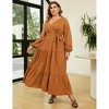 Women Plus Size V Neck Wrap Maxi Dress High Waist Ruffle Summer Casual Dress with Belt Long Sleeve,navy blue yellow flower - 4 of 4