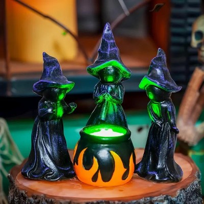 4 PCS Halloween Miniature Witches Cauldron Figurine Table Decoration, Resin Scary Witches Lighted up Cauldron, Halloween Festival Supplies Indoor