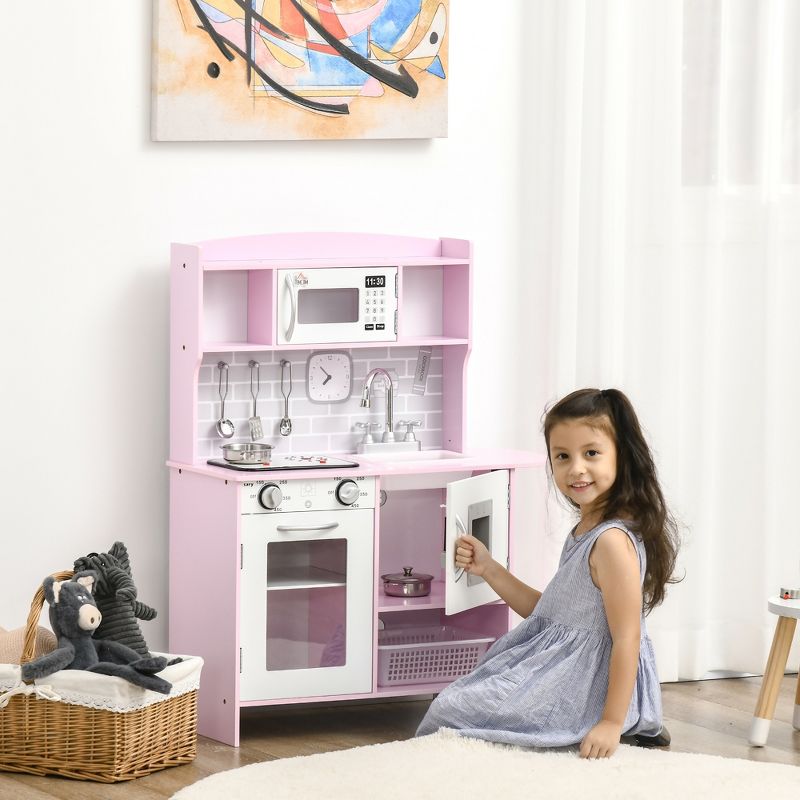 Qaba Pretend Play Kitchen with Sound Effects and Stove Lights, Kids Kitchen Playset with Storage, Water Dispenser for 3-6 Years Old, Pink, 3 of 7