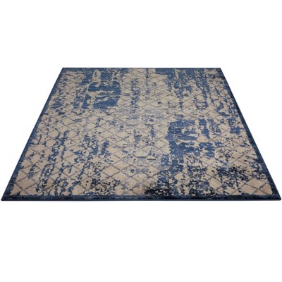 Ivory and Navy Blue Medallion 2'2" x 7'6" Synthetic Area Rug