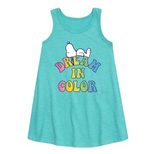 Girls' - Peanuts - Dream In Color Graphic Sleeveless Aline Dress - 1 of 4