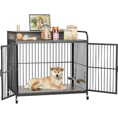 Dog Crate Furniture for Large Dogs - Heavy Duty Wooden Kennel with 2 Adjustable Bowls & Wheels