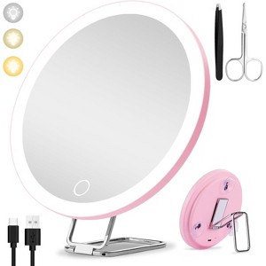 Magnifying Mirror with Light, 6" Rechargeable LED with Suction Cup & Stand, 3 Color Dimmable Modes for Travel Makeup and Skincare - 1 of 4