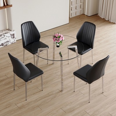 5 PCS Dining Table Set Dining Set Bistro Dining Set with 4 Upholstered Chairs & Tempered Glass Table with Metal Legs, White/Black+Silver-ModernLuxe