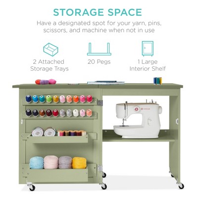 Light Green Folding Sewing Table with Craft Storage and Trays