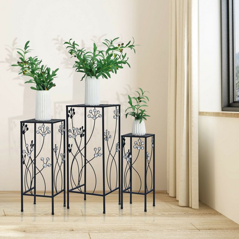Costway 3 Pcs Metal Plant Stand Set Plant Pot Holder w/Crystal Floral Accents Square, 4 of 10
