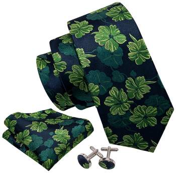 Men's Green Floral 00% Silk Neck Tie With Matching Hanky And Cufflinks Set
