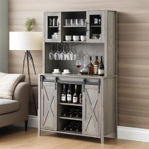 Farmhouse Coffee Bar Cabinet, Sliding Barn Doors Wine Bar Cabinet with Storage Shelves - 1 of 4