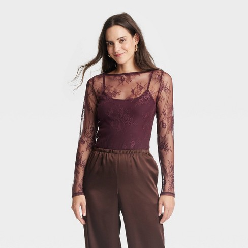 Maroon lace top long sleeve hot sale