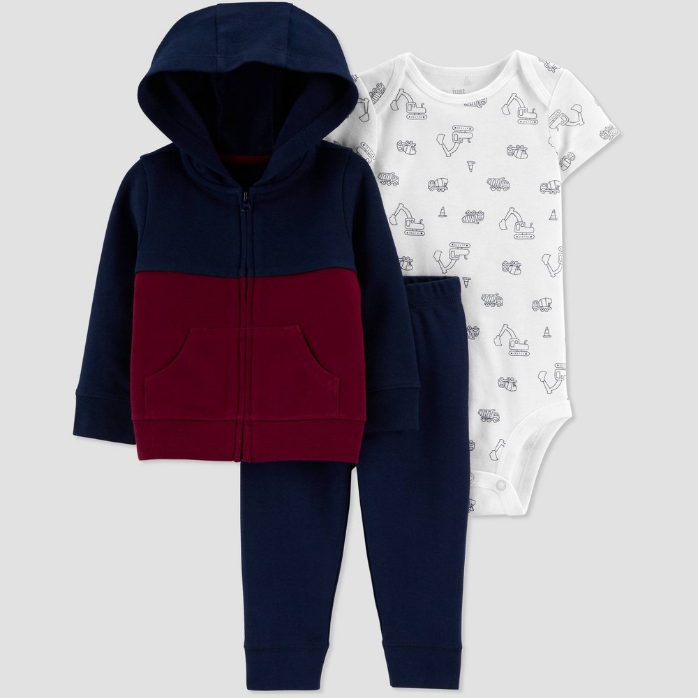 size 18M Baby Boys' 3pc Colorblock Hoodie Top & Bottom Set - Just One You made by carter's Red/Blue 18M