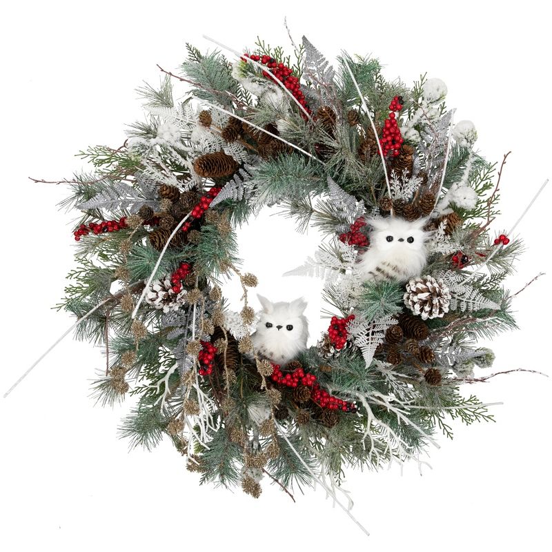 Northlight Real Touch™ Snowy Pine Owls and Berries Artificial Christmas Wreath - 34" - Unlit, 1 of 10