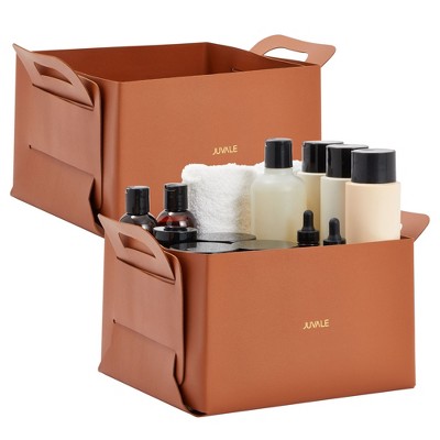 Juvale 2 Pack Faux Leather Foldable Storage Bins with Handles, Collapsible Baskets for Home Organization, Brown, 10 x 6.5 In